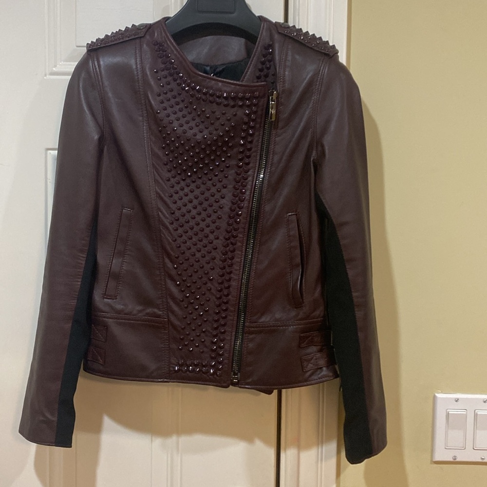 New with Tag Designer Nour Hammour Burgundy Studded Erin Leather Jacket - Picture 6 of 17